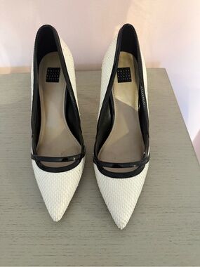 White House Black Market White Pointed-Toe Pumps with Black Trim